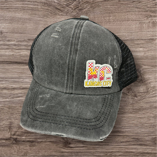 UV Printed Red/Yellow KC Checkered Burst Women's Ponytail Hat