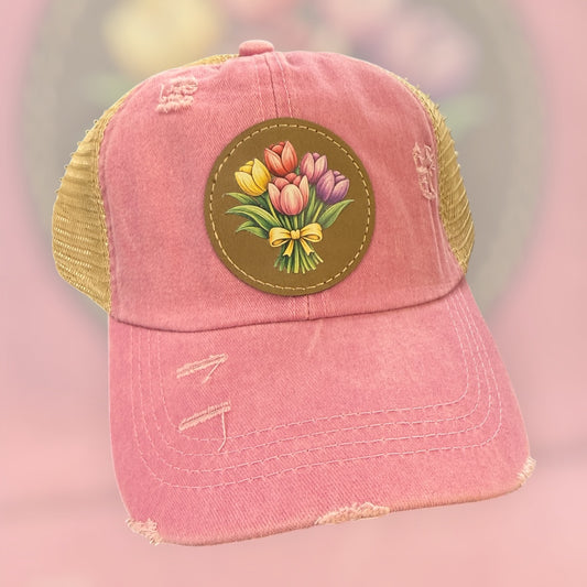 UV Printed Tulip Bouquet Women's Ponytail Hat