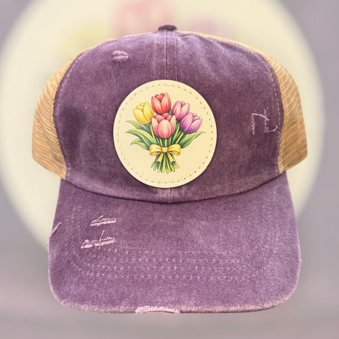 UV Printed Tulip Bouquet Women's Ponytail Hat