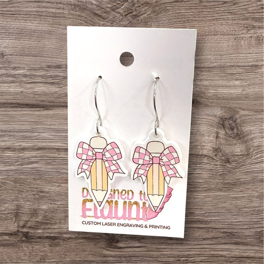 Checkered Bow Pencil Acrylic Dangles