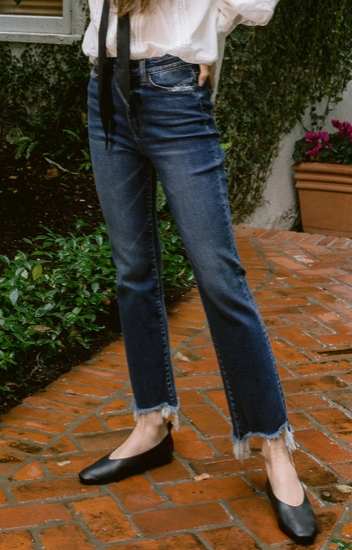 High Rise Ankle Flare Jeans With Uneven Frayed Hem