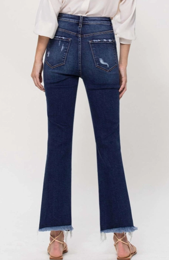 High Rise Ankle Flare Jeans With Uneven Frayed Hem
