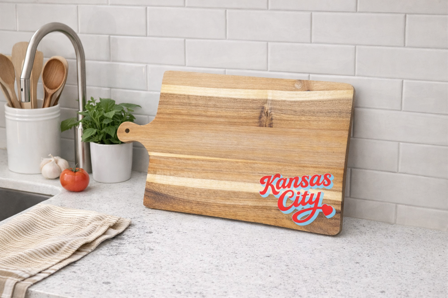 Kansas City Script Acacia Cutting Board (multiple colors)