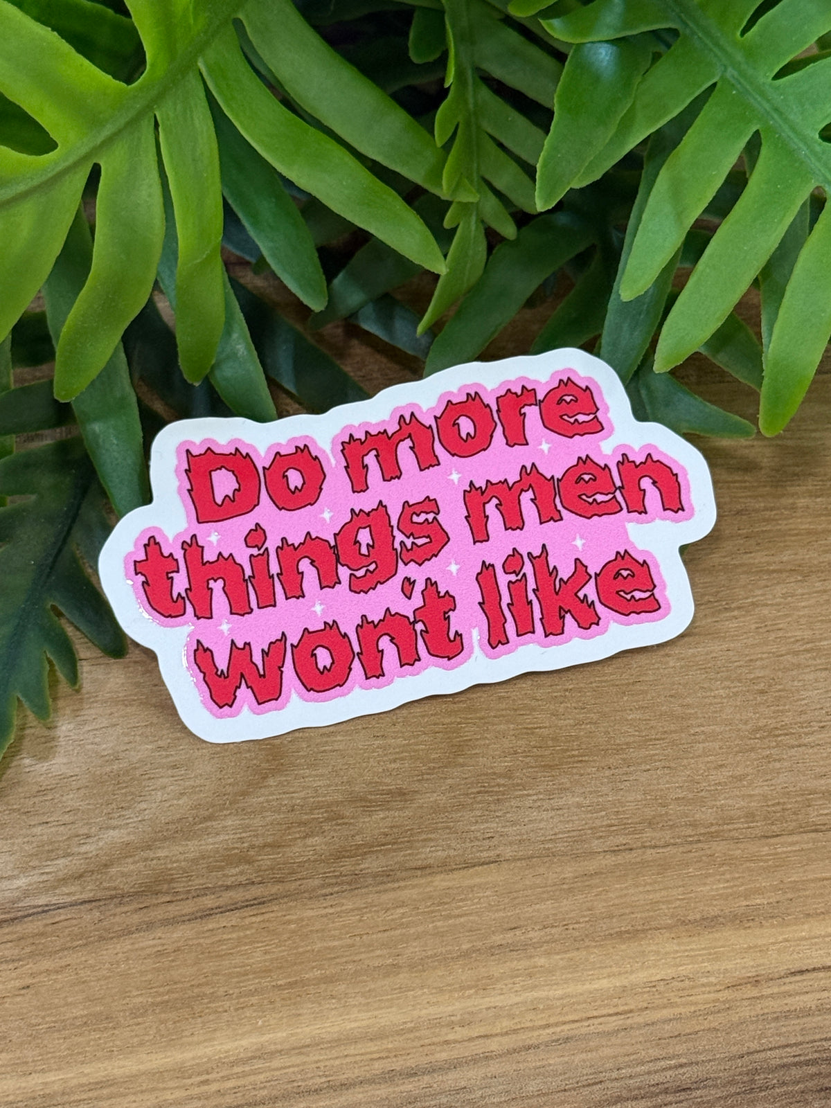 Feminist vinyl sticker reading Do more things men won't like in red flame-edged lettering on pink with white sparkles and a white border