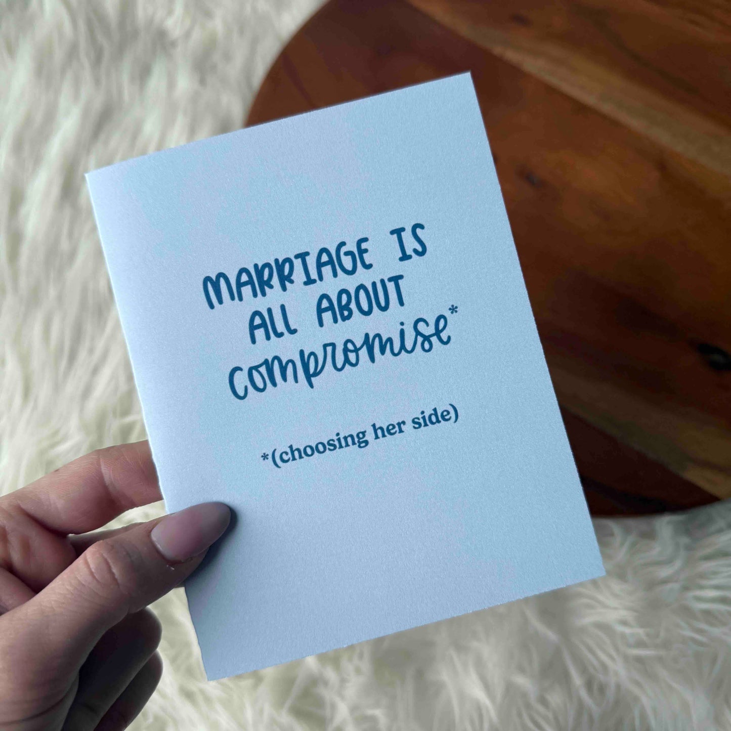 "Marriage is all about compromise*" Funny Blue Wedding Card