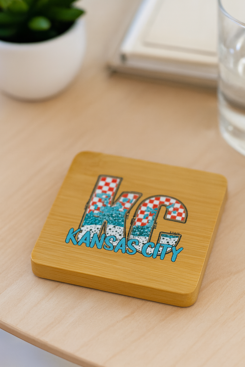 UV Printed Teal KC Checkered Paint Wooden Coaster