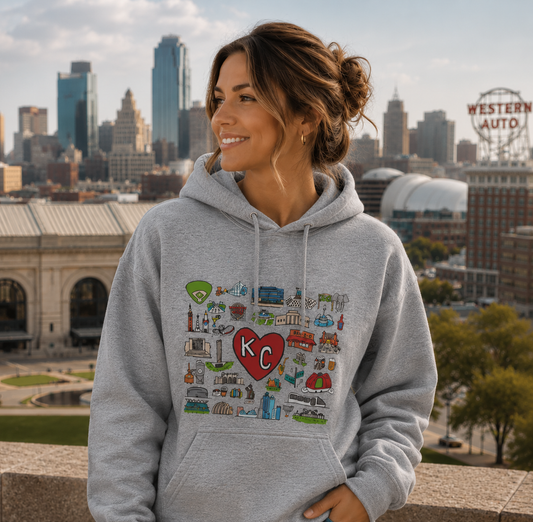 Kansas City Landmark Hoodie| KC Graphic Hoodie | Retro Kansas City Apparel