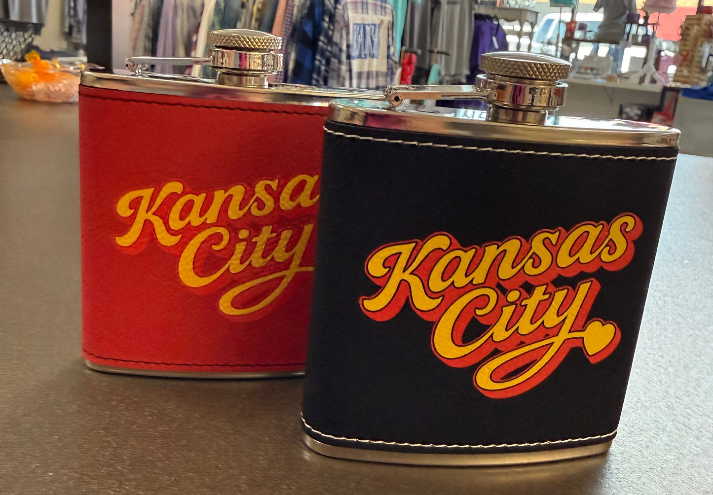Kansas City Home Team Football Script UV Printed 6 oz Stainless Steel Flask