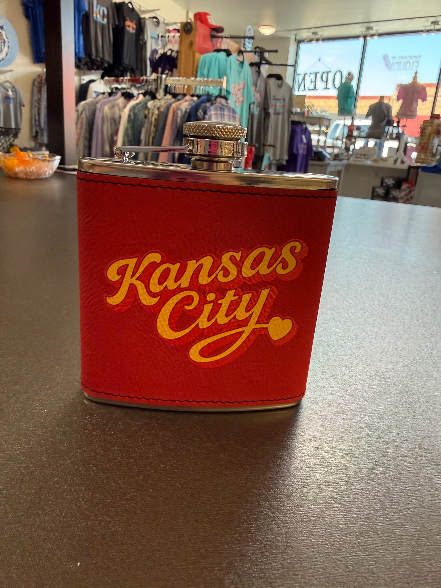 Kansas City Home Team Football Script UV Printed 6 oz Stainless Steel Flask
