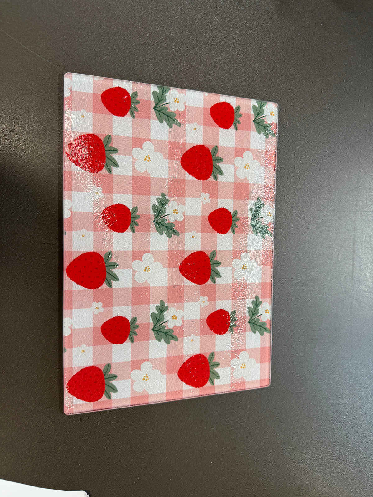 Strawberry Gingham Glass Cutting Board