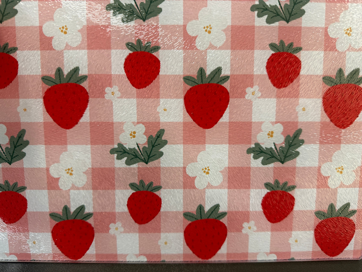 Strawberry Gingham Glass Cutting Board