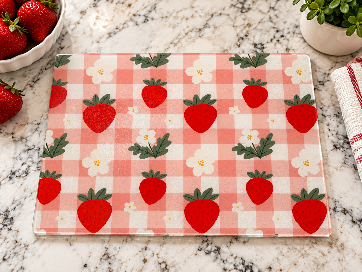 Strawberry Gingham Glass Cutting Board