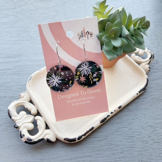Dark Floral Bloom Print Dangle Earrings