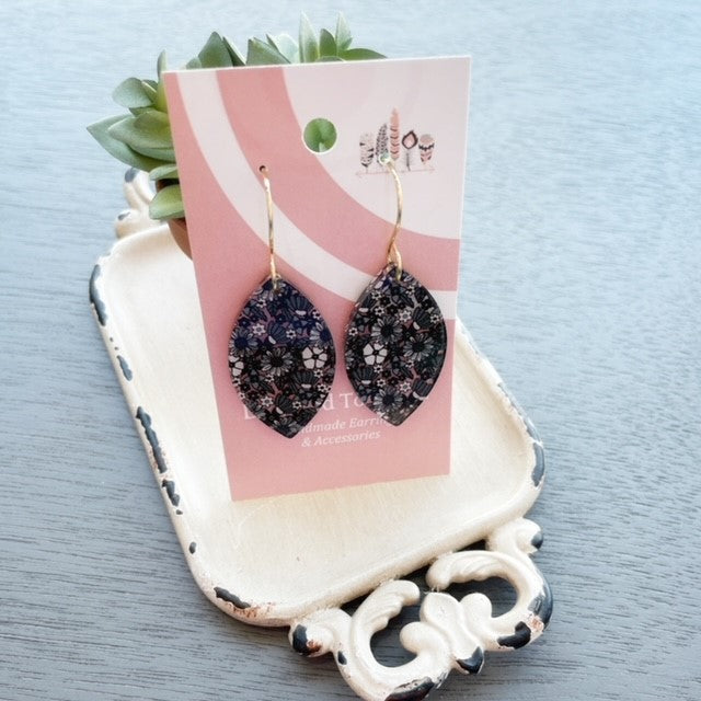 Grey Scale Floral Scattered Print Dangle Earrings