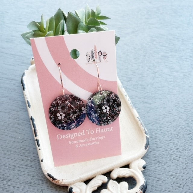 Grey Scale Floral Scattered Print Dangle Earrings