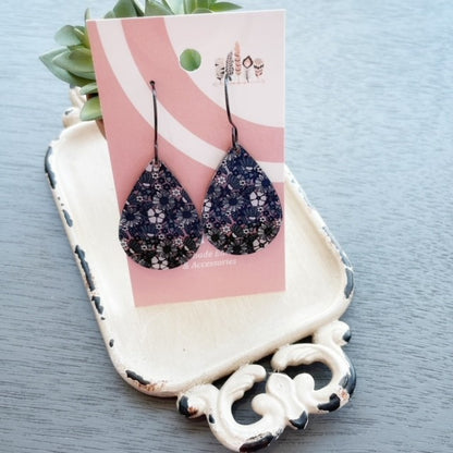 Grey Scale Floral Scattered Print Dangle Earrings