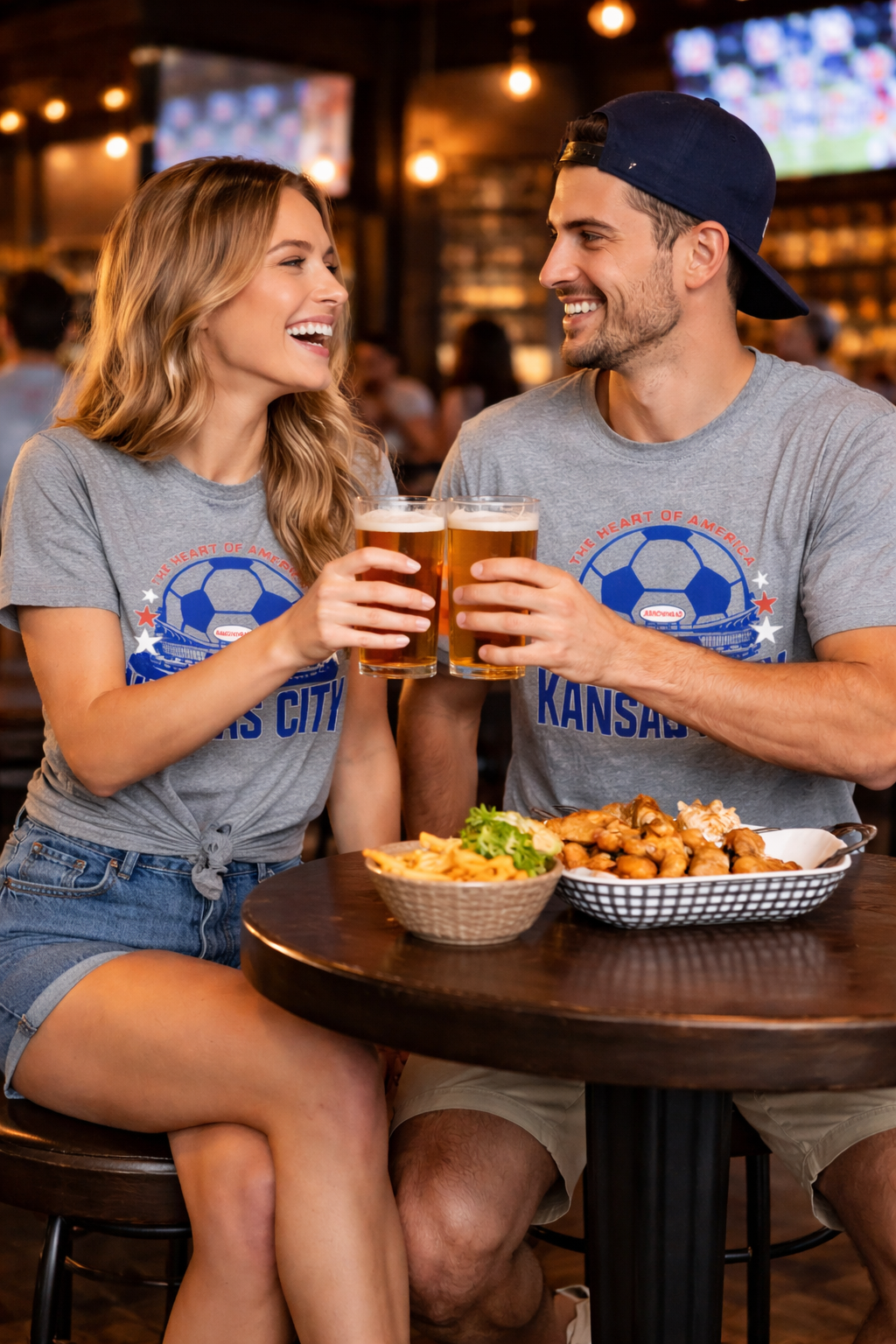 Two people sitting at a bar, holding drinks and smiling, with food on the table wearing Kansas City soccer themed shirt. 